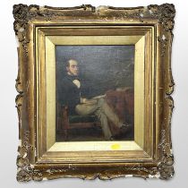 British school (19th century) : Portrait of a gentleman sat in a library armchair,