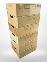 Six Mason and Rye pine crates, each 46cm x 40cm x 17cm.