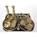 Brass and copper wares including ornamental flintlock pistols, pair of candlesticks,