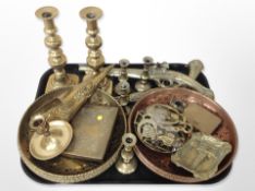 Brass and copper wares including ornamental flintlock pistols, pair of candlesticks,