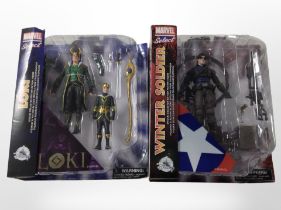 Two Marvel Select figurines, Loki and The Winter Soldier, boxed.