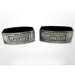 A pair of French Art Deco silver plated napkin rings 'Monsieur and Madame'.