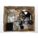A box of assorted costume jewellery, digital wrist watch, trinkets.
