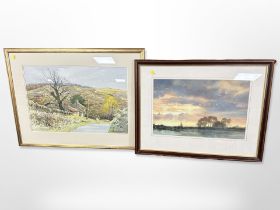 George Skelton (Contemporary) : Landscape at sunset, watercolour, signed and dated '95, 33cm x 50cm,