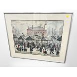 After Laurence Stephen Lowry (British 1887-1976) : Market Scene, Northern Town, colour print,