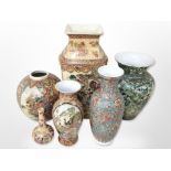 A group of mainly Japanese earthenware export vases, tallest 41cm.