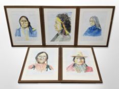 A set of five contemporary prints depicting Native Americans, each 52cm x 42cm overall.