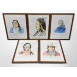 A set of five contemporary prints depicting Native Americans, each 52cm x 42cm overall.