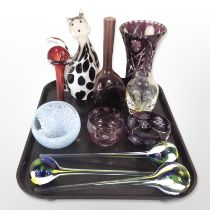 A group of studio glass wares including amethyst glass, two-tone etched vase, similar bowl,