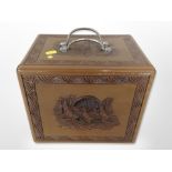 An oriental carved camphor wood box, with drawers to interior, width 27cm.
