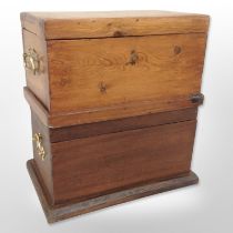 A mahogany table box, width 41cm, and a further pine box, each with brass drop handles.