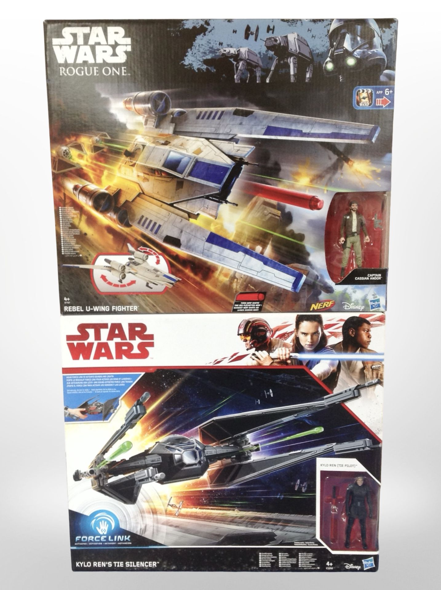 Two Hasbro Disney Star Wars models, Rebel U-Wing Fighter and Kylo Ren's Tie Silencer, boxed.