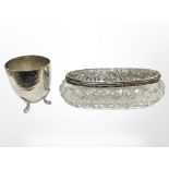 An Art Nouveau silver-lidded crystal dressing table box and a continental egg cup stamped 'S800',