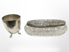An Art Nouveau silver-lidded crystal dressing table box and a continental egg cup stamped 'S800',