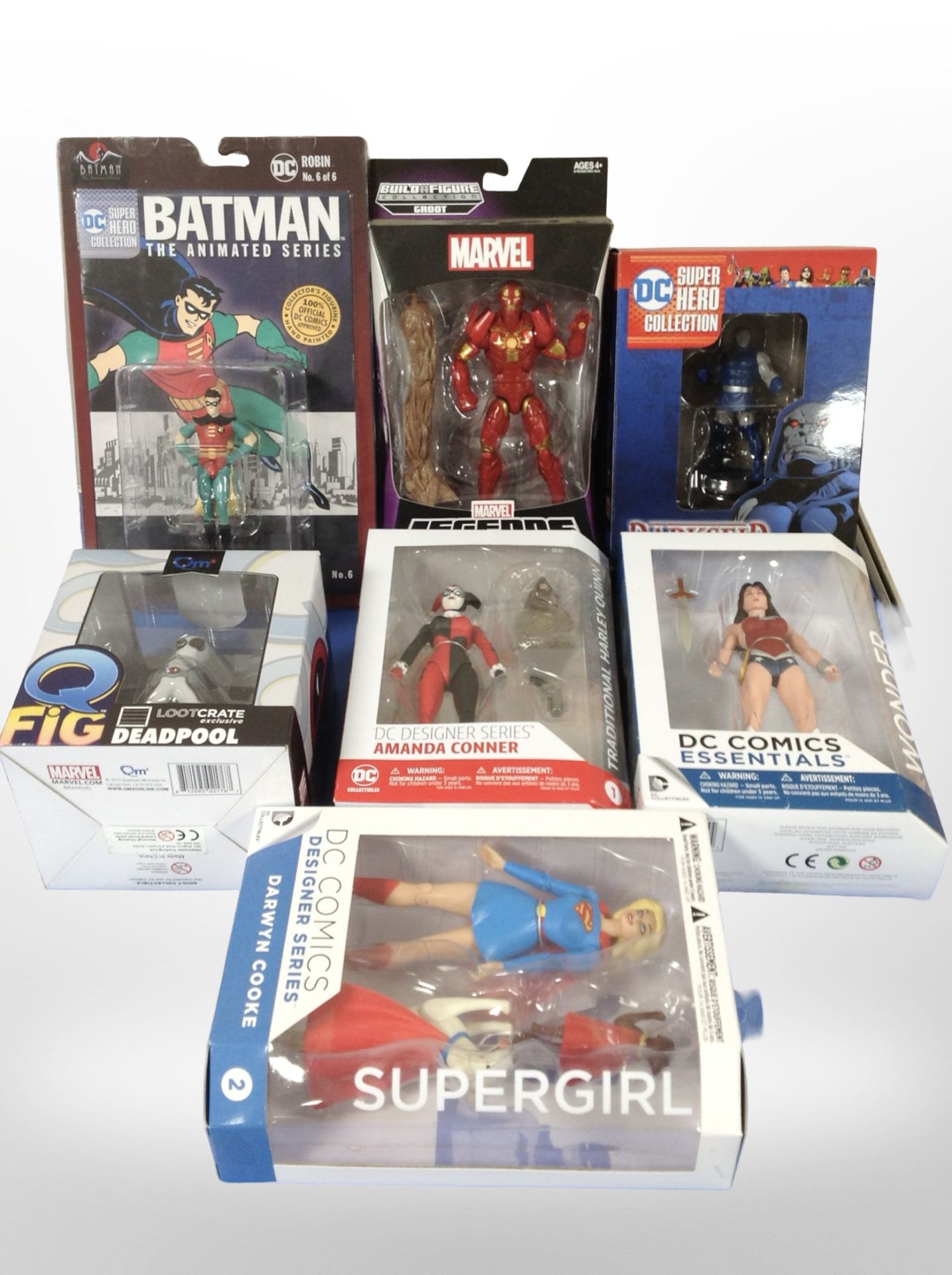 Seven DC Collectibles and other figurines including DC, Marvel, etc., boxed.