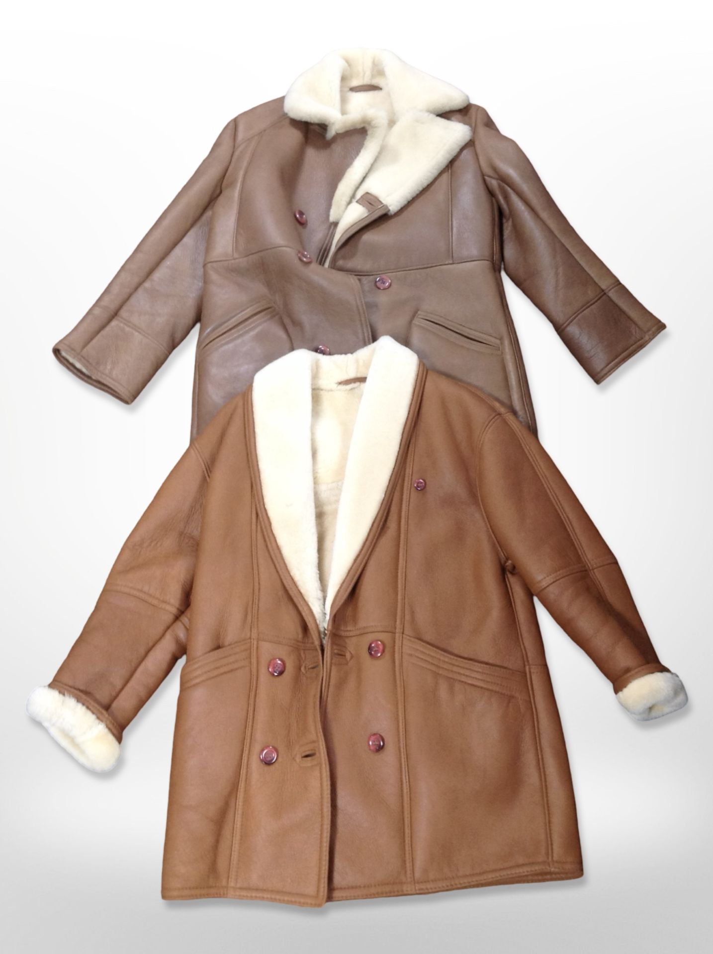 Two Country Coats tan leather and sheepskin-lined coats, one labelled size 40,
