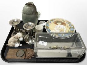 A group of collectables including antique wooden pocket watch stand, glass casket,