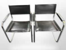 A pair of chrome and black stitched vinyl armchairs,