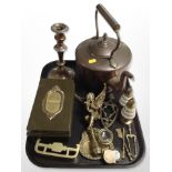 A Victorian copper kettle, copper-plated candlestick, pair of brass and mother of pearl sifters,