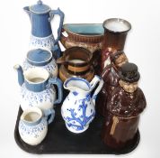 Two ceramic monk decanters, together with a Royal Burslem ware four-piece tea service,