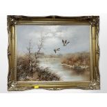 Hirschfeld : Ducks in flight, oil on canvas,