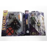 Two Marvel Select figurines, Storm and Loki, boxed.