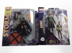 Two Marvel Select figurines, Storm and Loki, boxed.