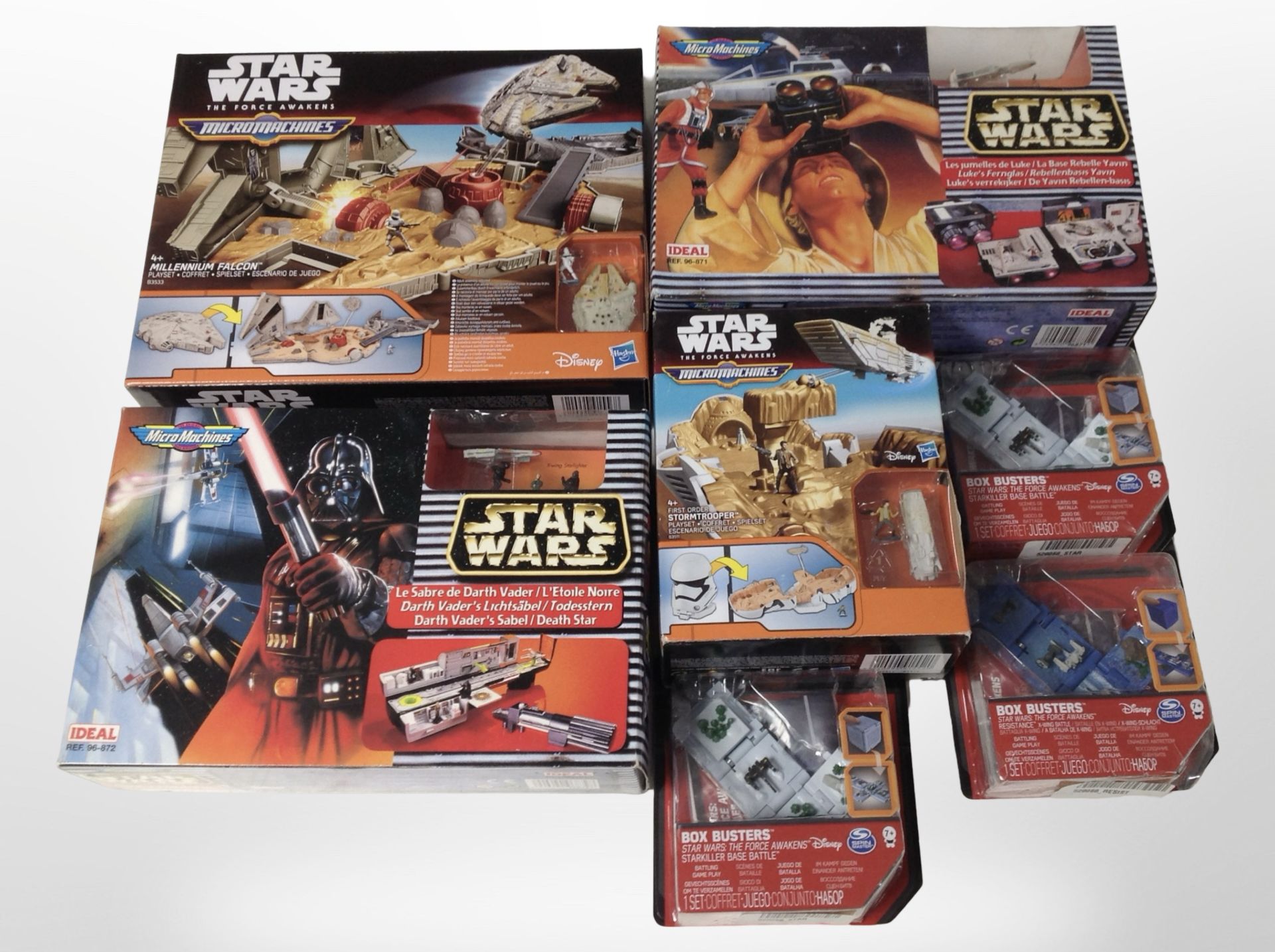 Seven Hasbro Star Wars Micro Machines and Spin Master figures, boxed.