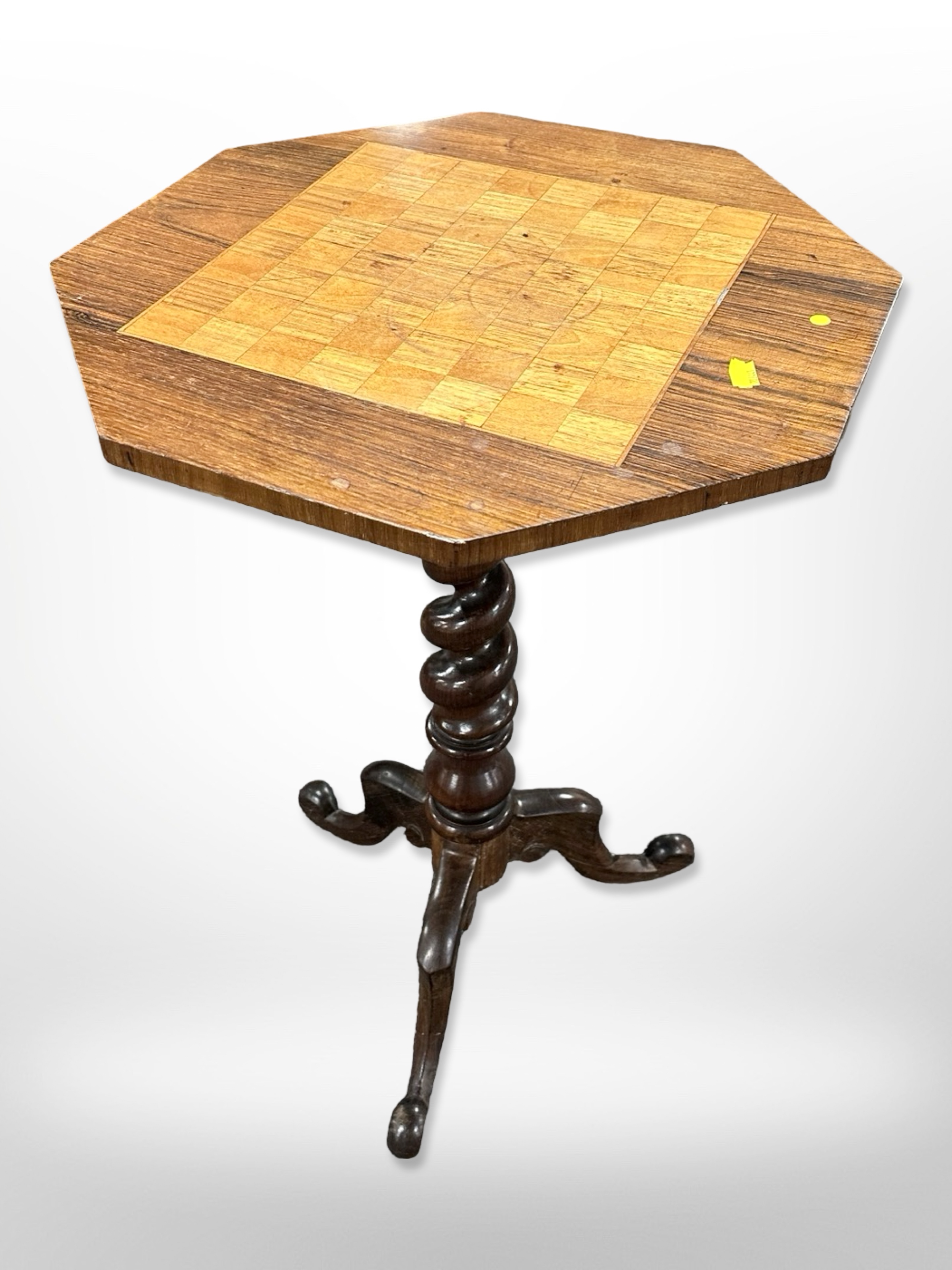 A Victorian rosewood octagonal tripod chess table, 48cm wide x 71cm high.