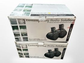 Two contemporary audio solutions Black 8-inch 260 Watt two-way public address speakers, with clamps,