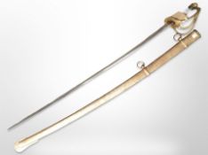 A copy of a 19th-century French cavalry sabre in steel scabbard.