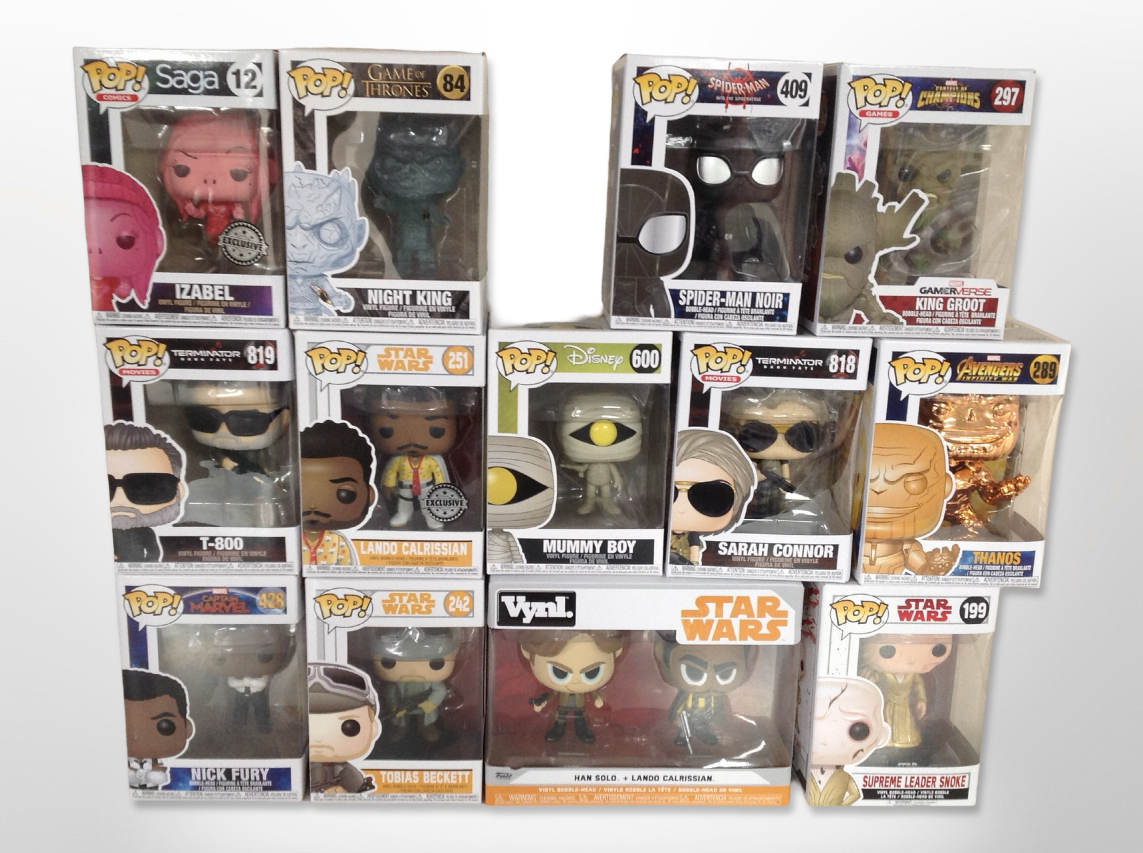 13 Funko Pop! figurines including Star Wars, Marvel, Terminator, etc., boxed.