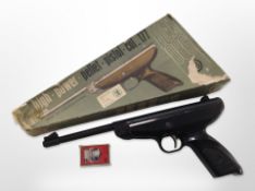 A Czechoslovakian Tex 086 .177 calibre air pistol, in box, with pellets.