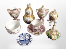 A group of continental cabinet porcelain including pair of Dresden twin-handled lidded urns,