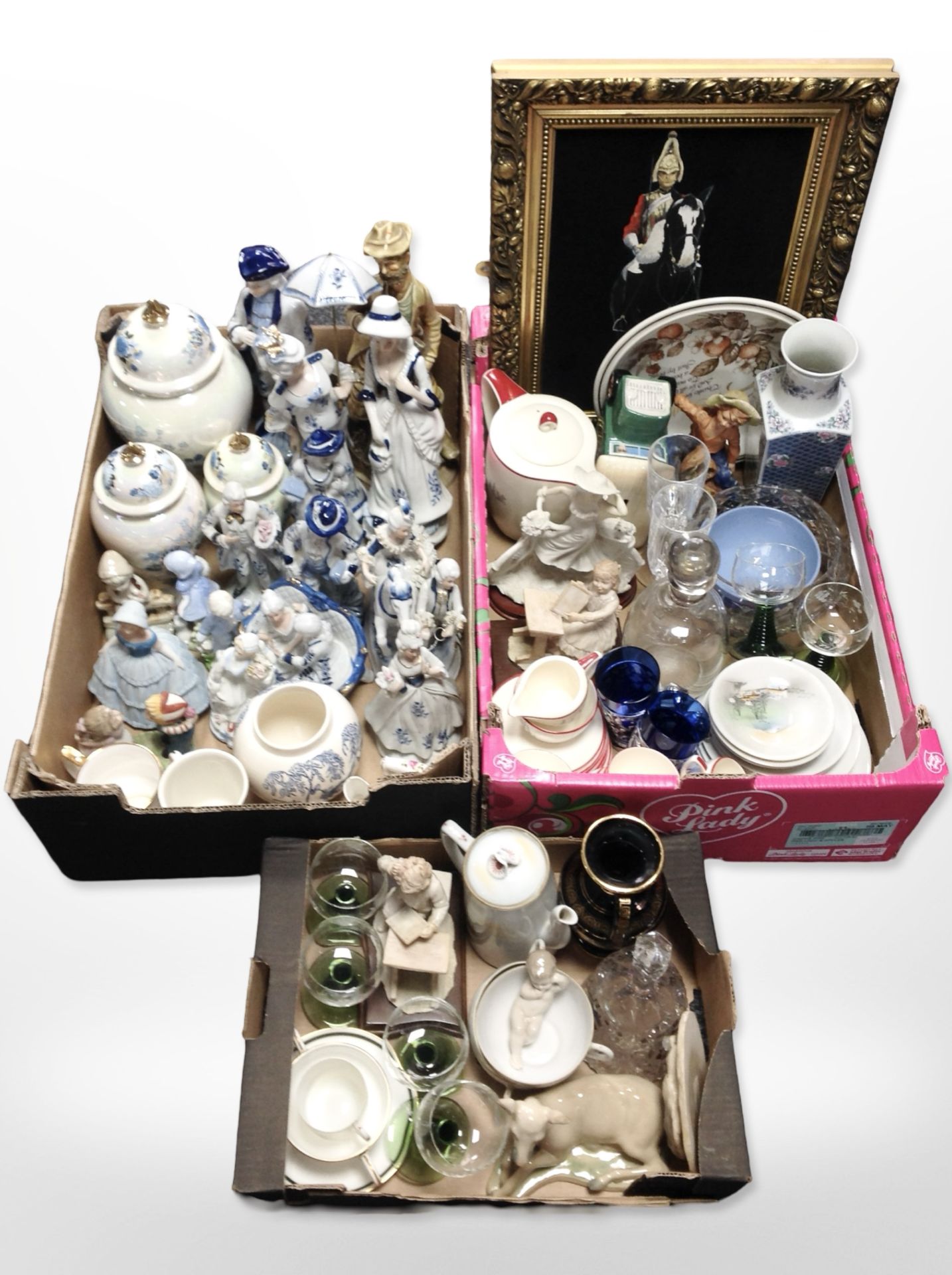 A quantity of continental porcelain figurines, lustre vases, drinking glasses, gilt-framed painting,