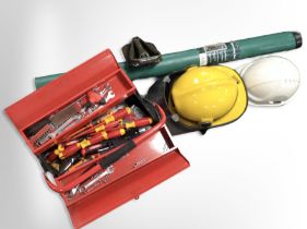 A concertina tool box and contents, hard hat, Lancashire Fire & Rescue Service helmet,