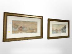 A Coleman: A pair of watercolour drawings depicting views along a river, each 49cm x 23cm.