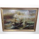T Slowsky : Sailing ships in rough seas, oil on canvas,