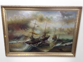 T Slowsky : Sailing ships in rough seas, oil on canvas,