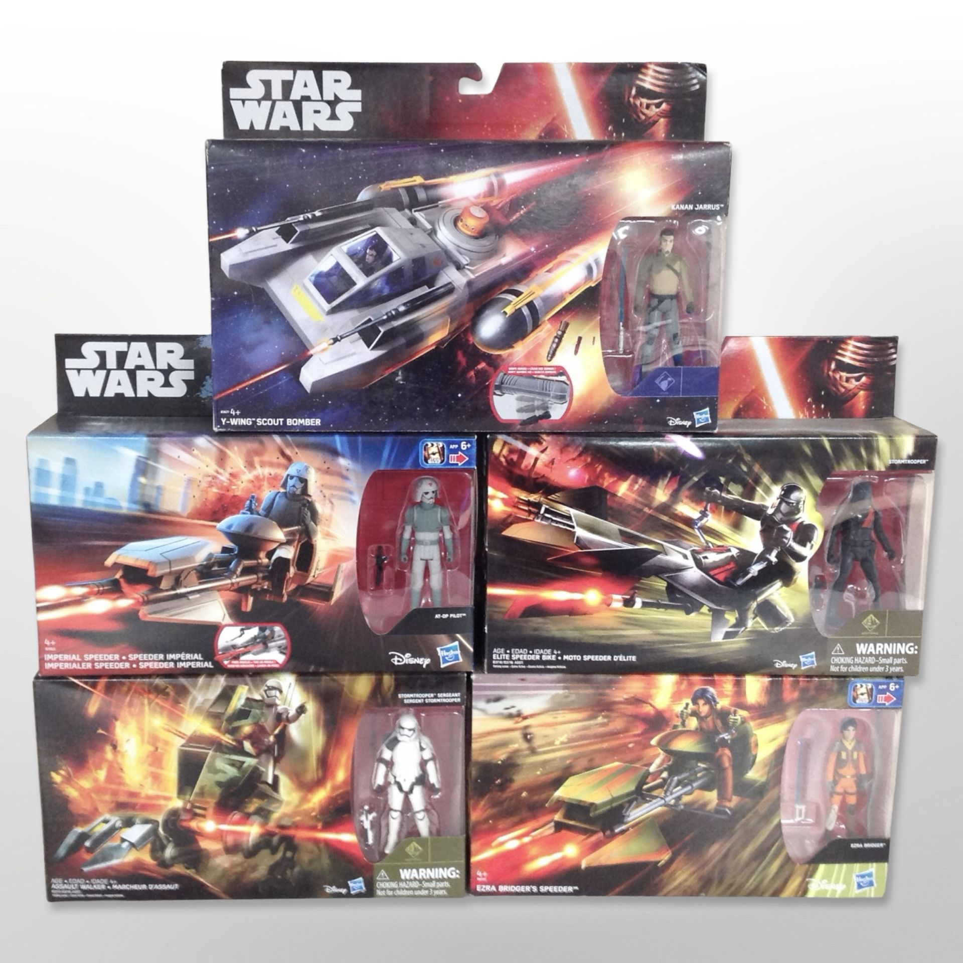 Five Hasbro Disney Star Wars figures including Assault Walker, Elite Speeder Bike, Imperial Speeder,