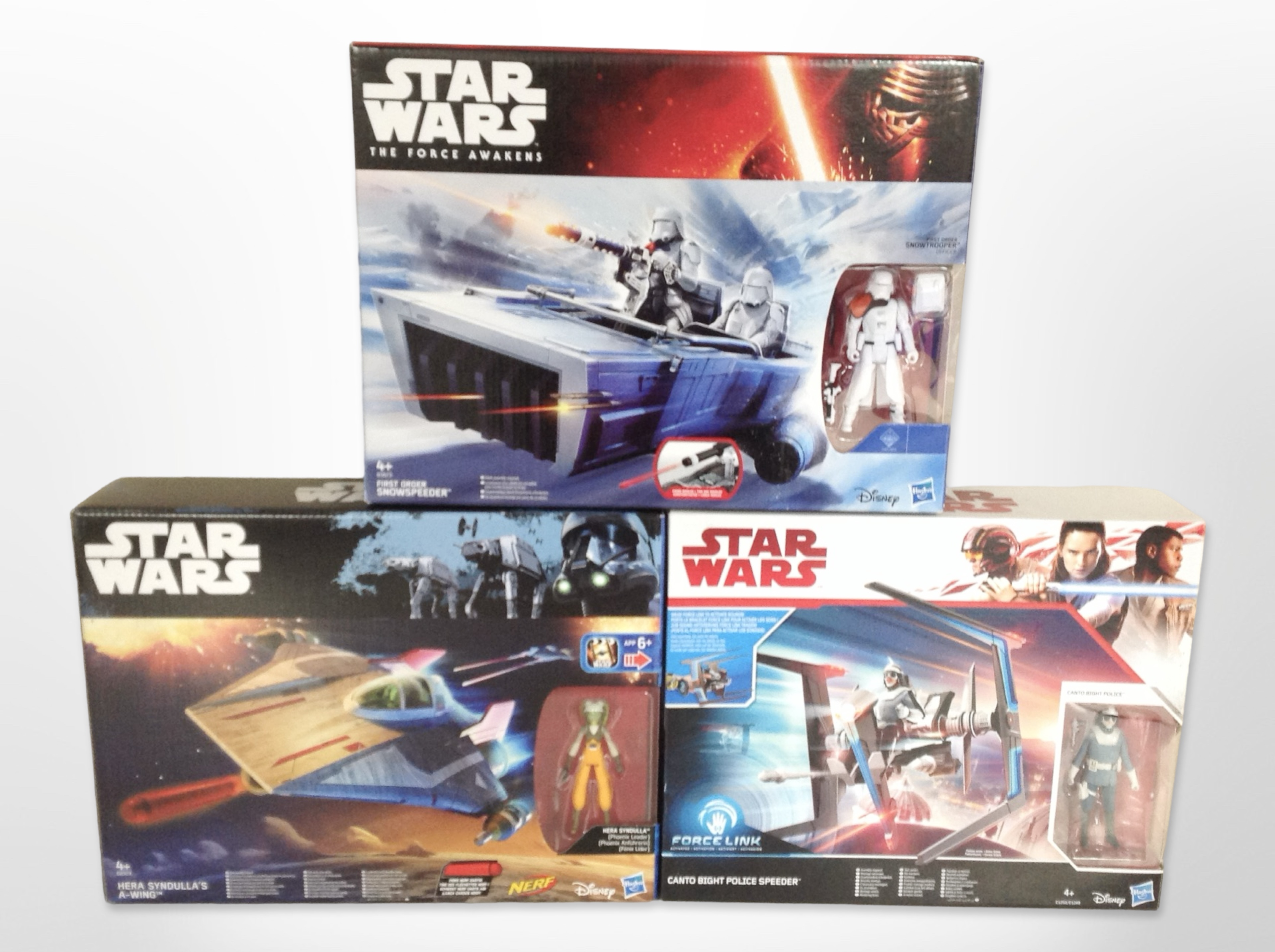 Three Hasbro Disney Star Wars figures, Canto Bight Police Speeder, Hera Syndulla's A-Wing,