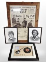 A reproduction Mersey Beat Beatles poster in pine frame,