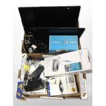 A group of home electricals, dremel tool, photopaper and printer, two LCD TVs, etc.