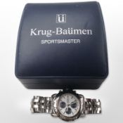 A gent's Krug-Baumen Sportsmaster stainless steel chronograph wristwatch, case 37mm.