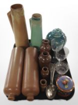 A group of stoneware ink bottles, Chinese turquoise-glazed porcelain ginger jar, drinking glasses,