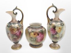 A pair of Royal Worcester blush ivory ewers, height 17cm, and a further pot pourri pot.