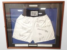A pair of Everlast boxing shorts, signed by 10 boxers including Kenny Anderson, Vinnie Baldassarre,