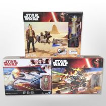 Three Hasbro Disney Star Wars figures, Resistance A-Wing Fighter, Desert Landspeeder,