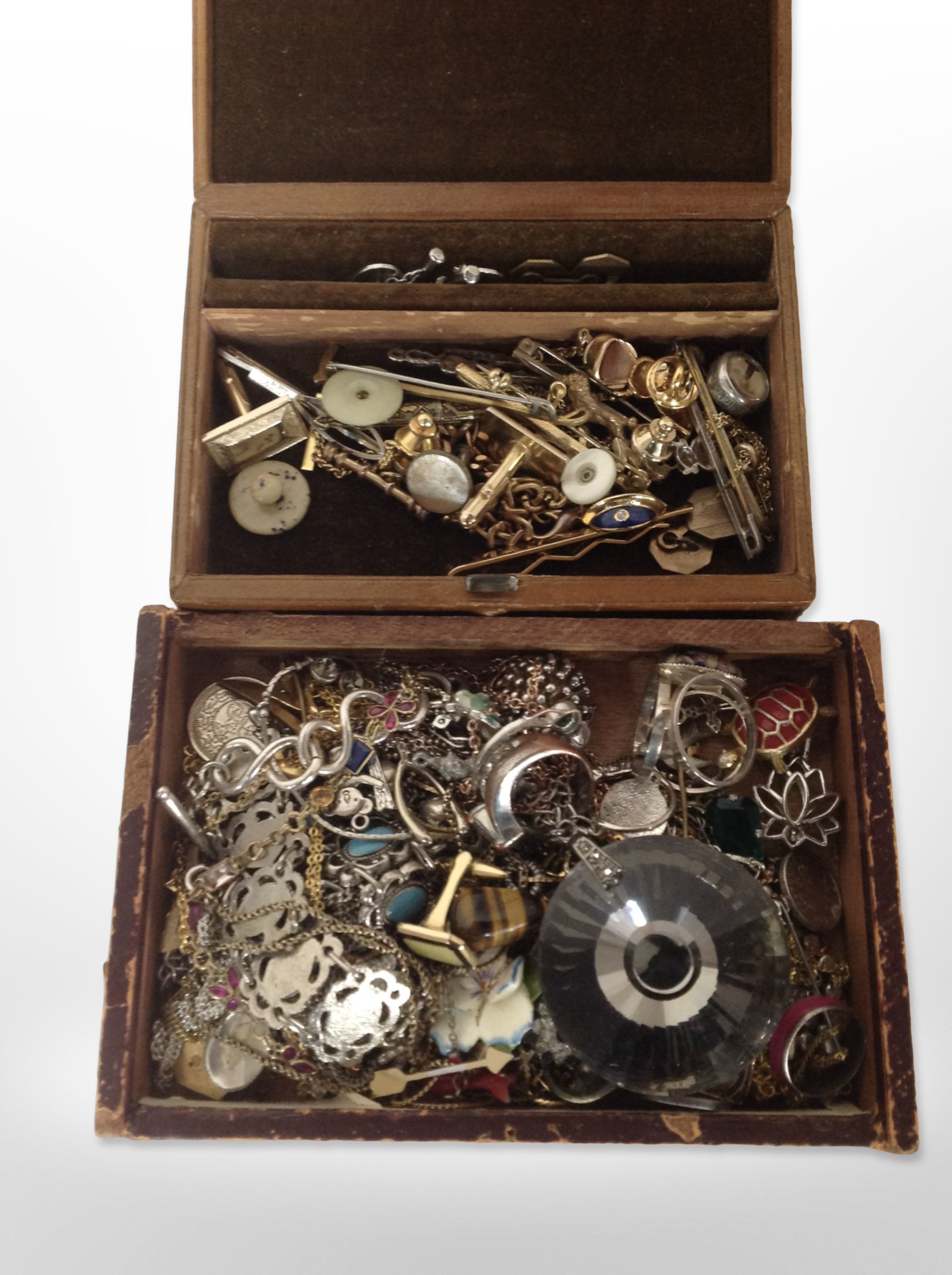 A small cigar box containing mixed costume jewellery and a further vintage jewellery box containing