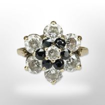 A 9ct yellow gold sapphire and zircon cluster ring, size M. CONDITION REPORT: 3.